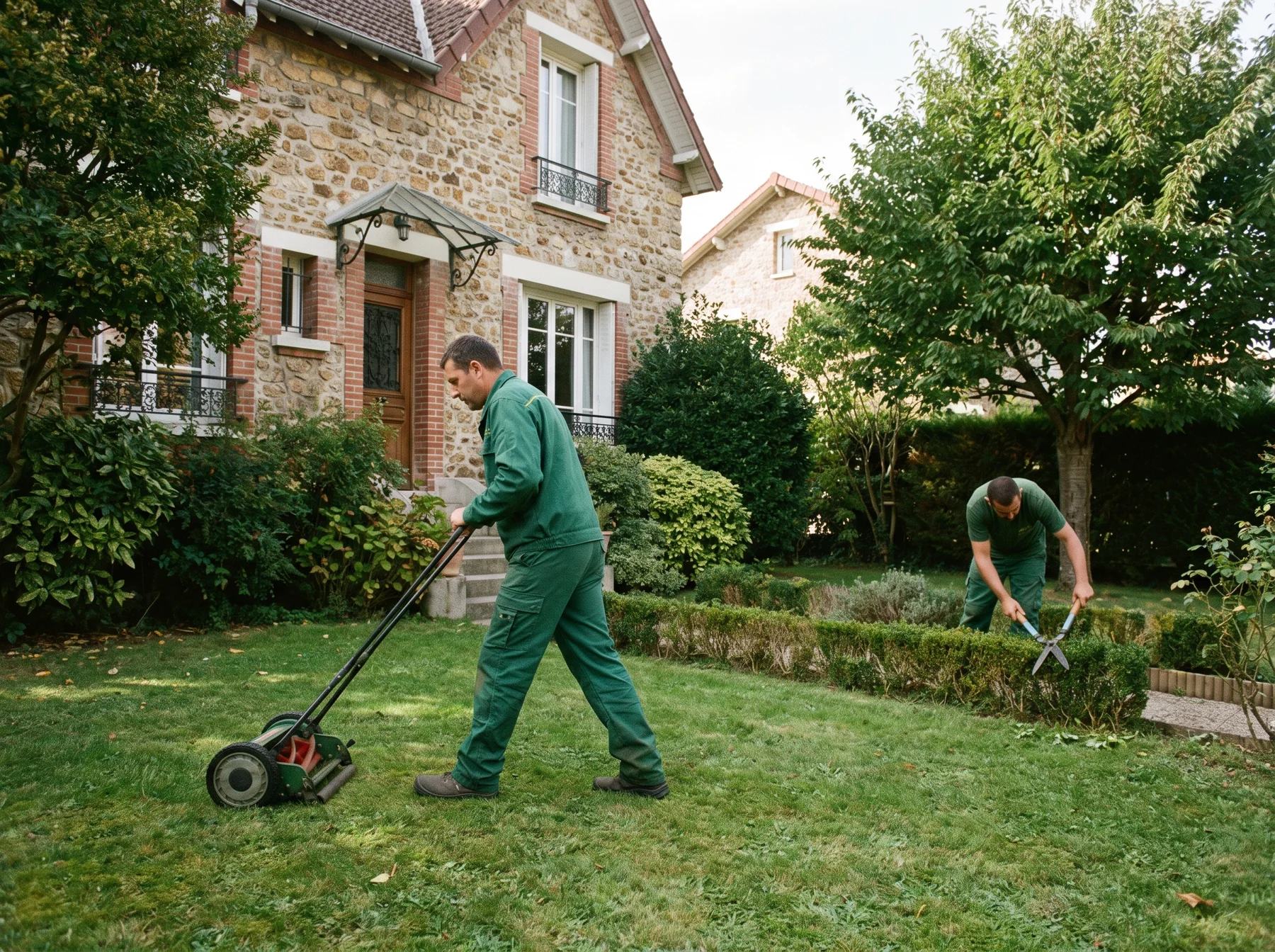 Jardin résidentiel avec pelouse, haies, arbustes, arbre et allée autour d'une maison
